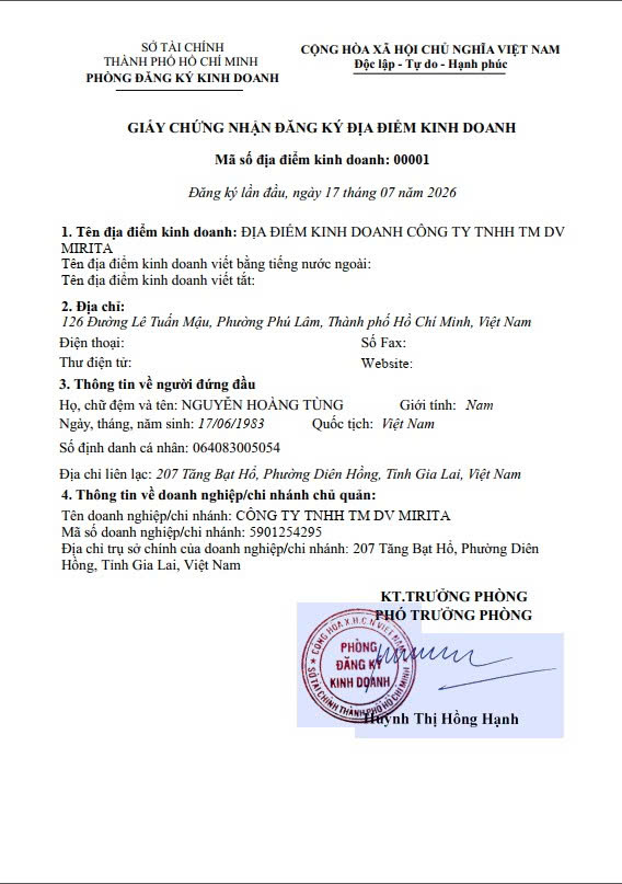 Giấy chứng nhận địa điểm kinh doanh